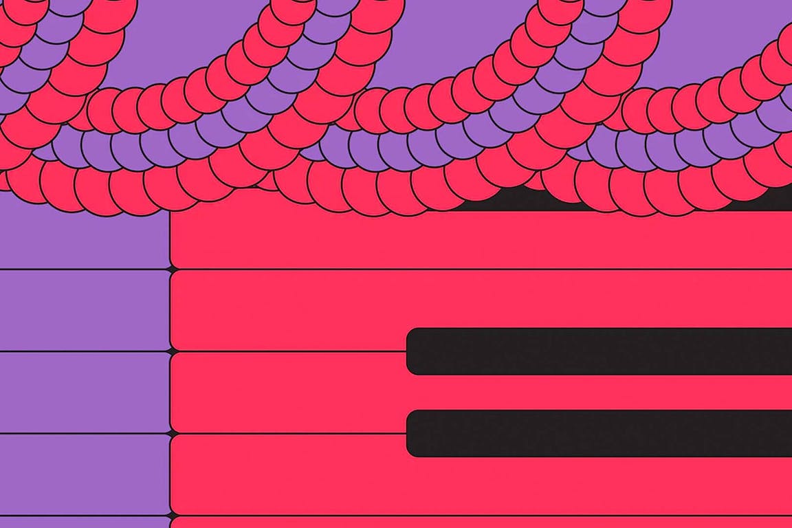 A close-up illustration of red and purple piano keys.